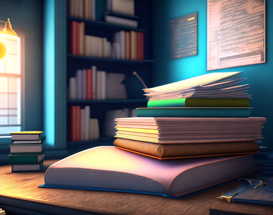 Books and Glasses on Desk in Cozy Room with Lamp and Computer Monitor