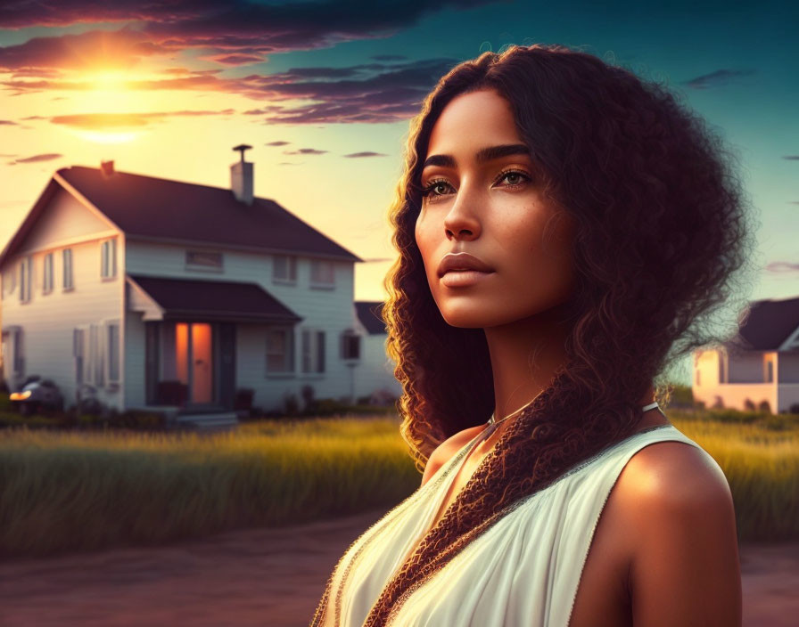 Curly-Haired Woman Standing in Front of House at Sunset