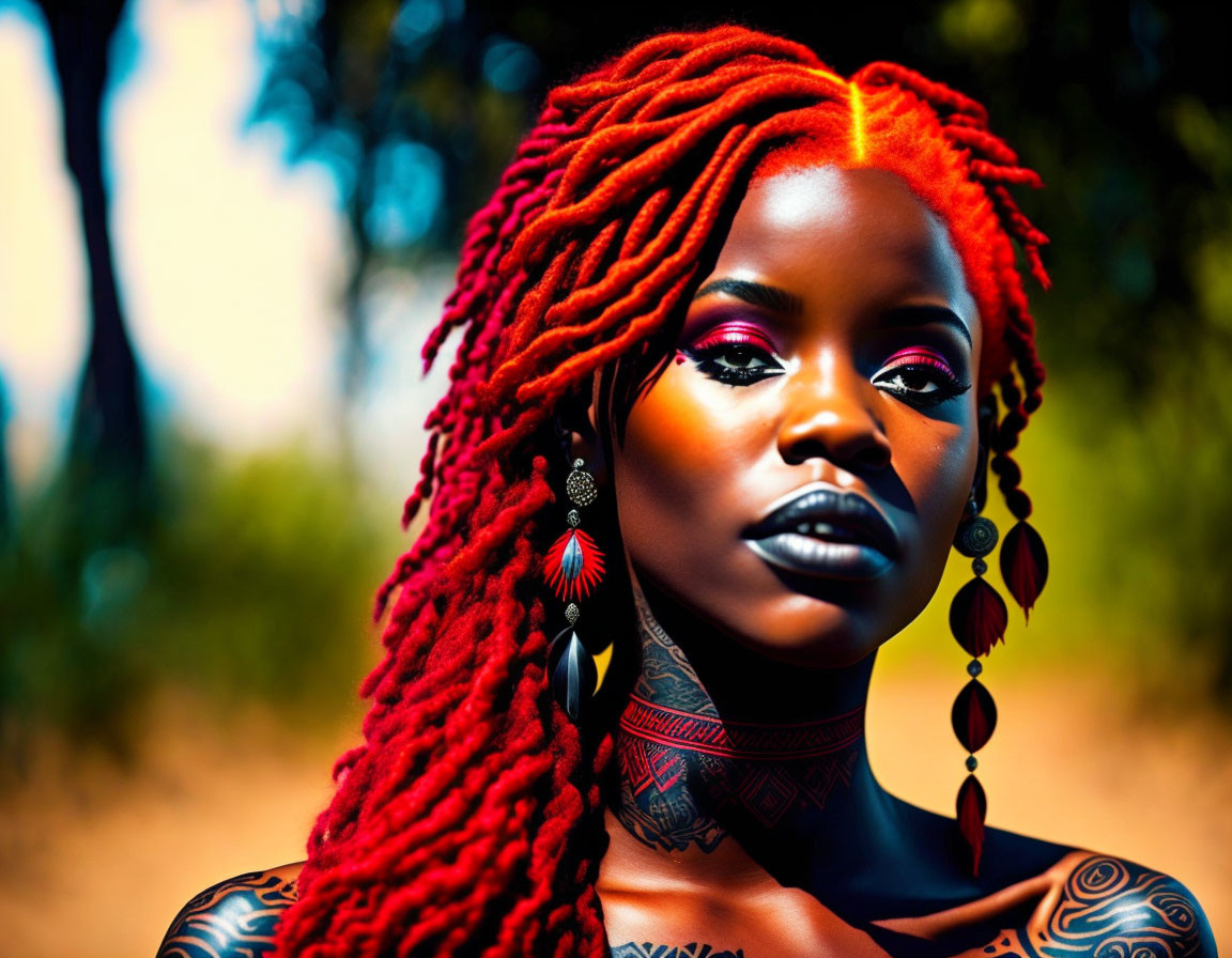 Vibrant red dreadlocks woman with tattoos and makeup in nature portrait