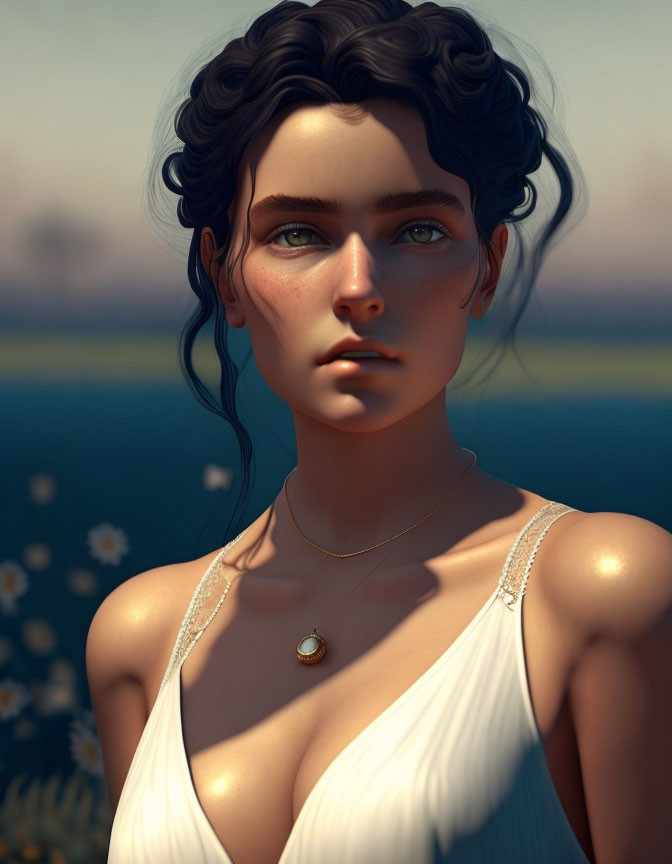 Portrait of woman with curly hair in white dress by lake