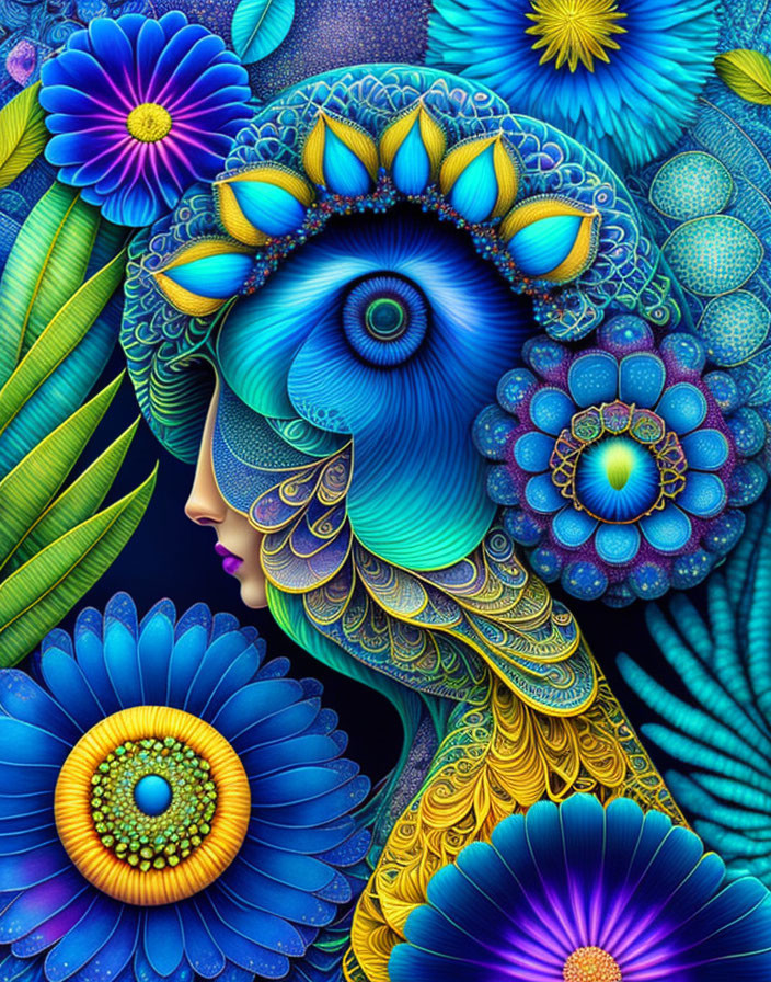 Colorful digital art: Woman profile with flowers and peacock feathers in hair