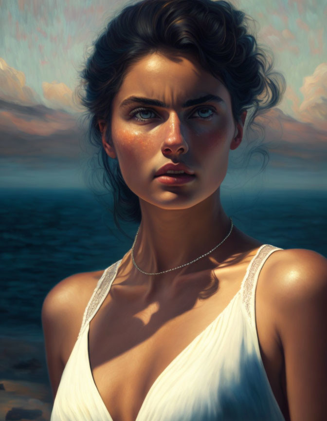 Dark-Haired Woman in White Dress by the Sea and Sky