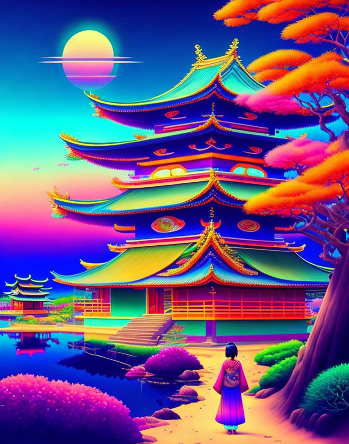 Vivid Digital Art: Girl Viewing Japanese Pagoda at Sunset