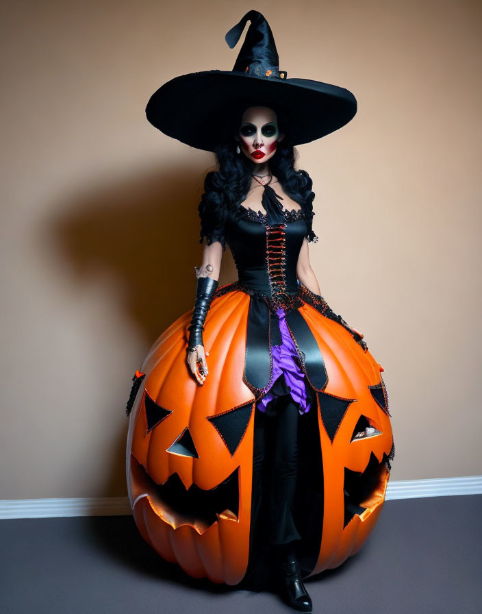 Person in Witch Costume Standing in Giant Jack-o'-lantern