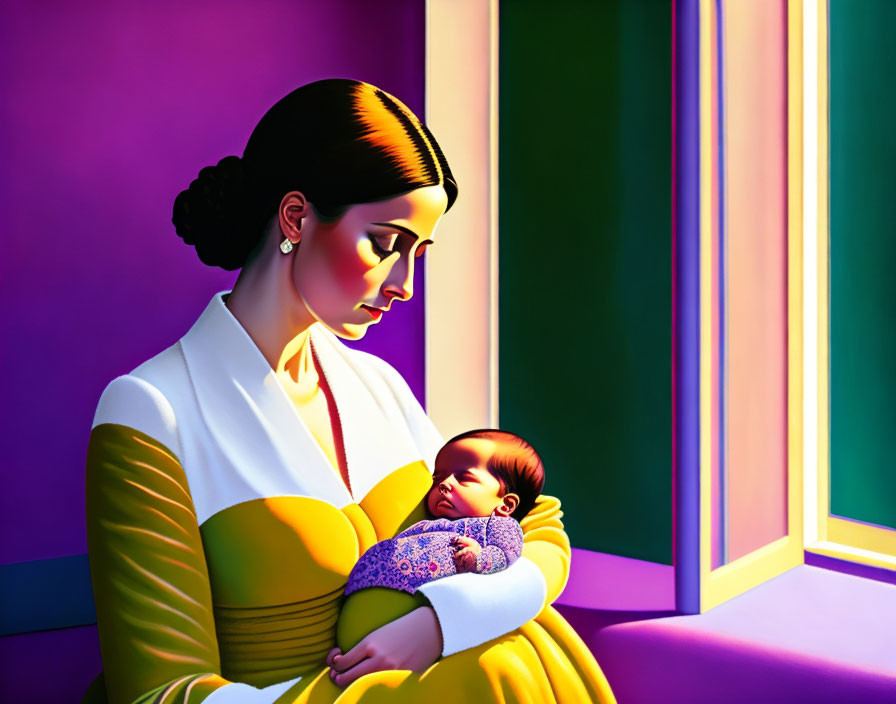 Stylized illustration of woman with baby in yellow dress against vibrant backdrop