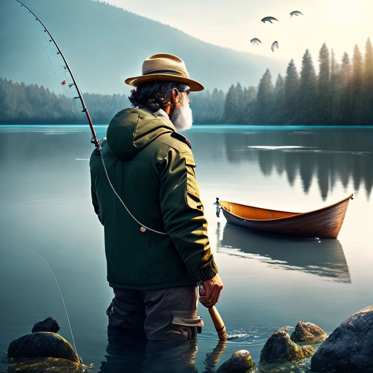 Bearded man fishing by tranquil lake with birds and canoe