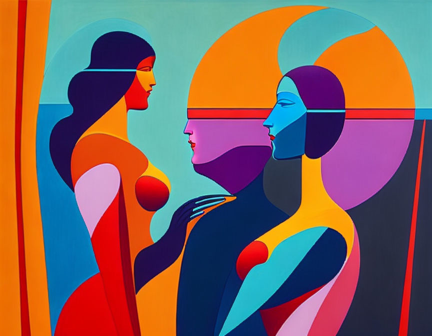 Vibrant abstract painting with stylized human figures in elongated forms