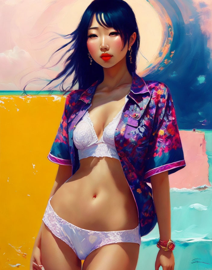 Stylized illustration of woman in floral shirt and lingerie