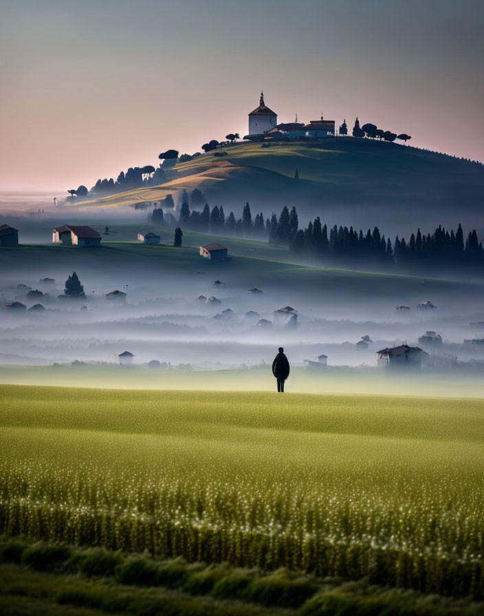 Person in green field gazes at misty hill with building under pastel sunrise.