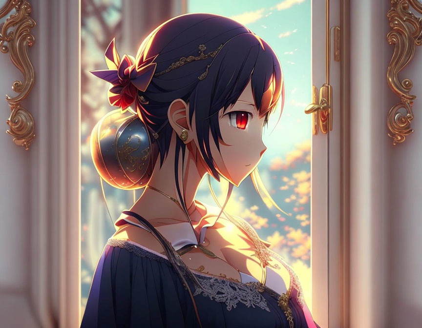 Dark-haired anime girl with red eye near open door in sunlight