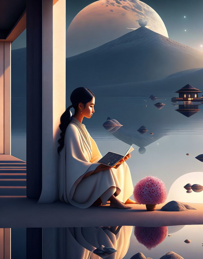 Woman reading book by window with lake view, floating rocks, pagoda, and giant moon.