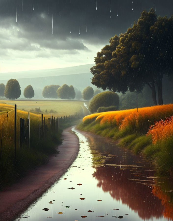 Country road with puddles, orange grass, trees, and stormy sky at dusk