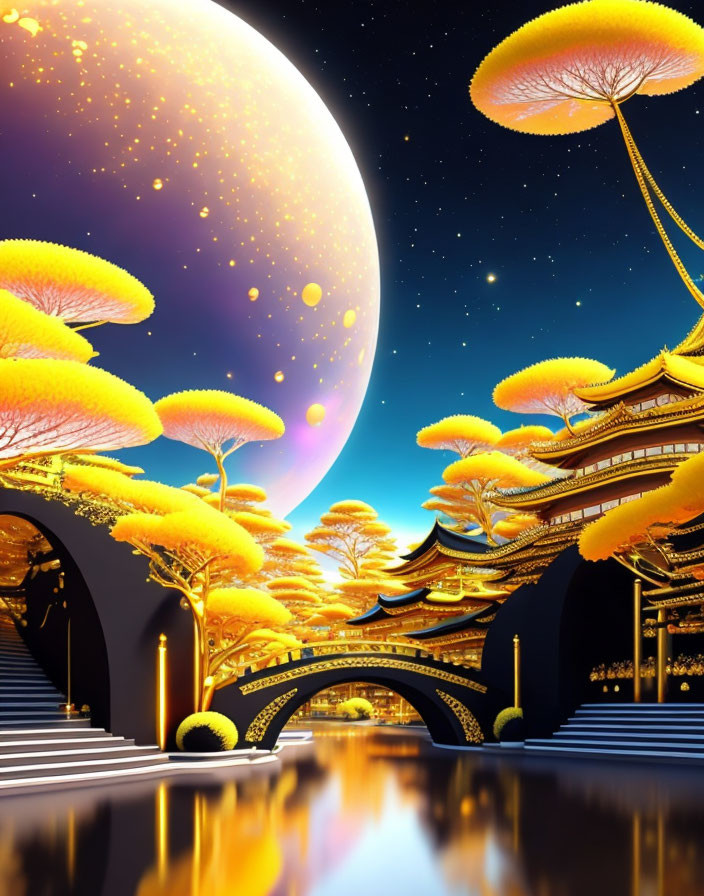 Fantasy landscape with yellow foliage, pagodas, bridge, water, starry sky, and