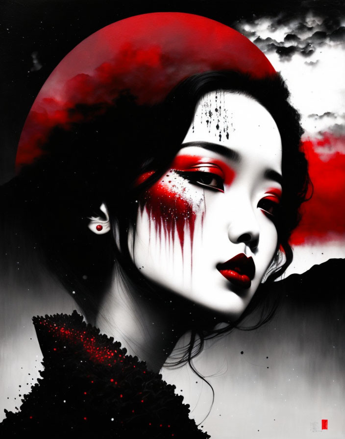 Woman with red and black makeup in front of red moon and clouds