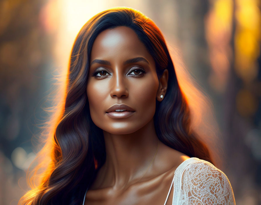 Dark-haired woman in white lace against autumn backdrop