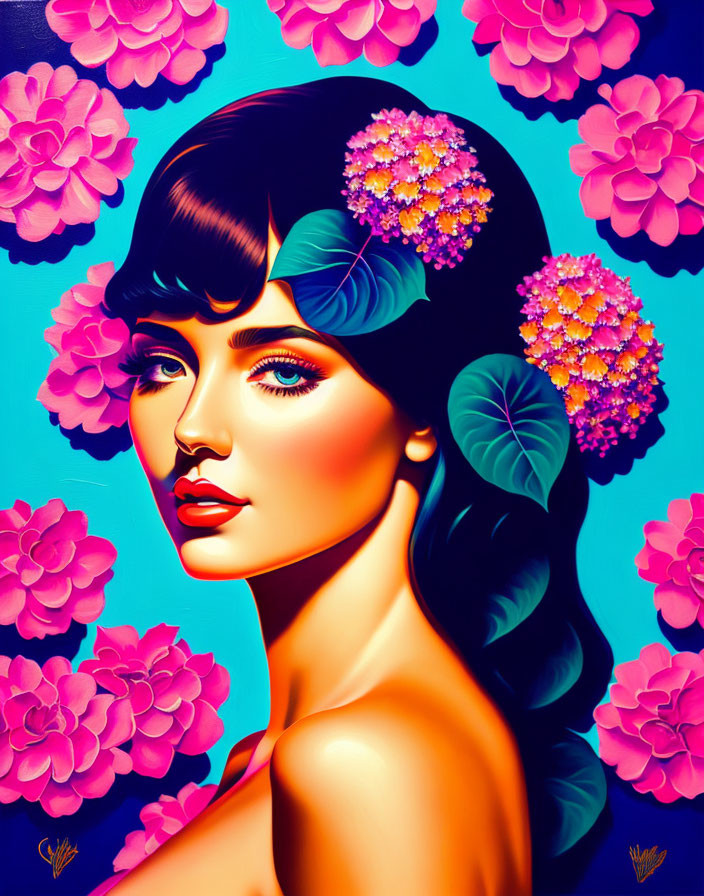 Colorful portrait of a woman with floral hair against pink blossoms