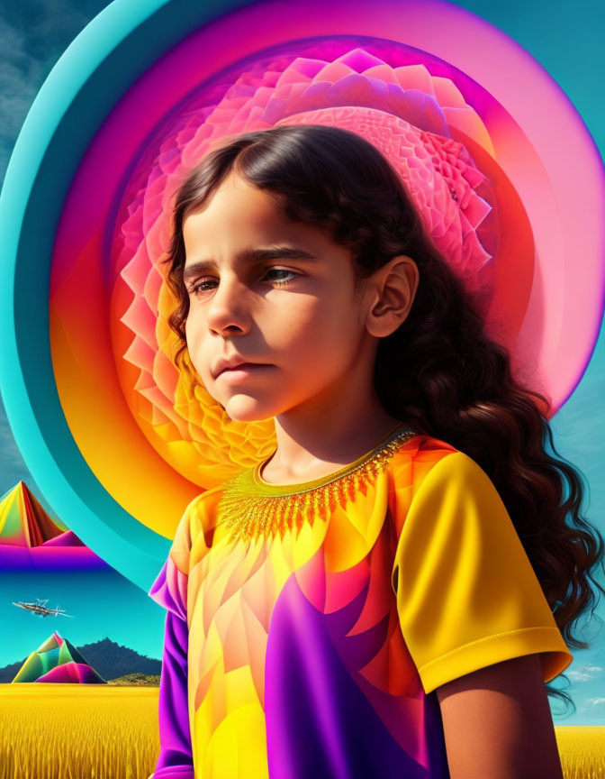 Curly-haired girl in colorful outfit with concentric circles, standing in front of vivid landscape with wheat