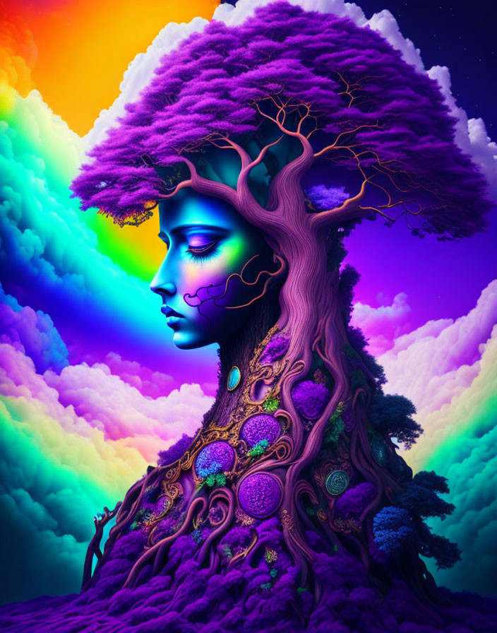 Blue and Purple Female Figure Portrait with Tree Canopy Head