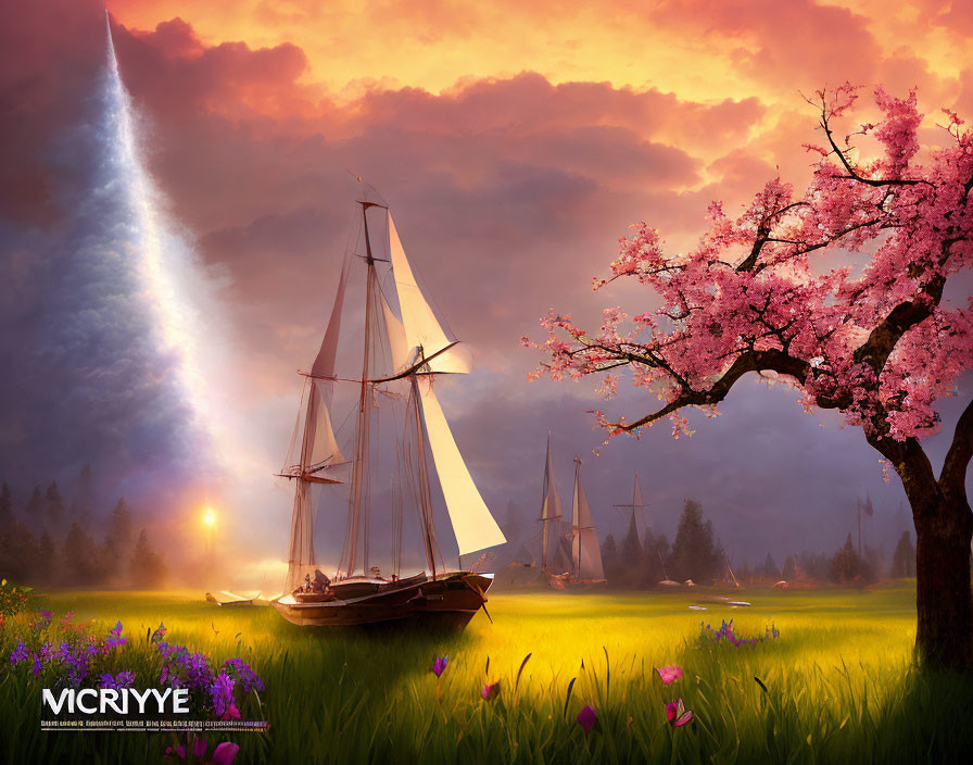 Tranquil landscape with sailboats, cherry blossom tree, and comet under pink sunset sky