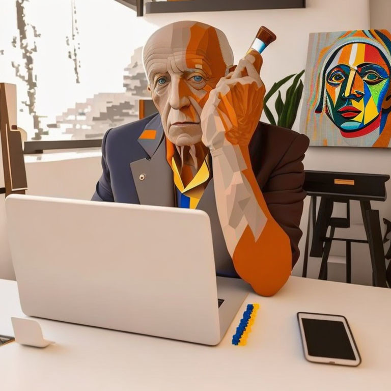 Elderly Male Figure with Laptop and Wine Bottle at Desk