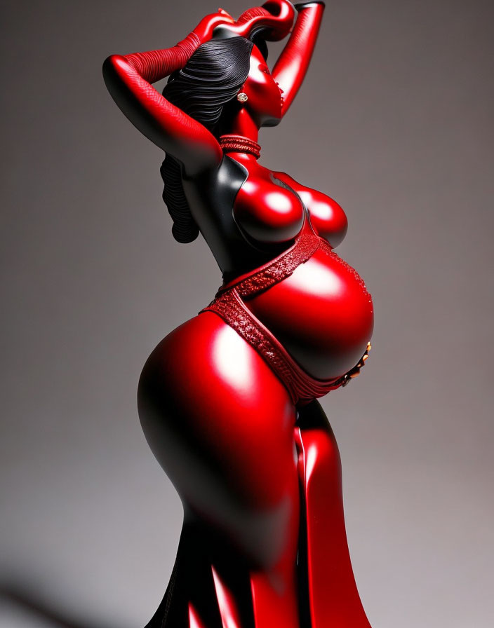 Glossy red feminine figure adorned with headdress and jewelry poses artistically