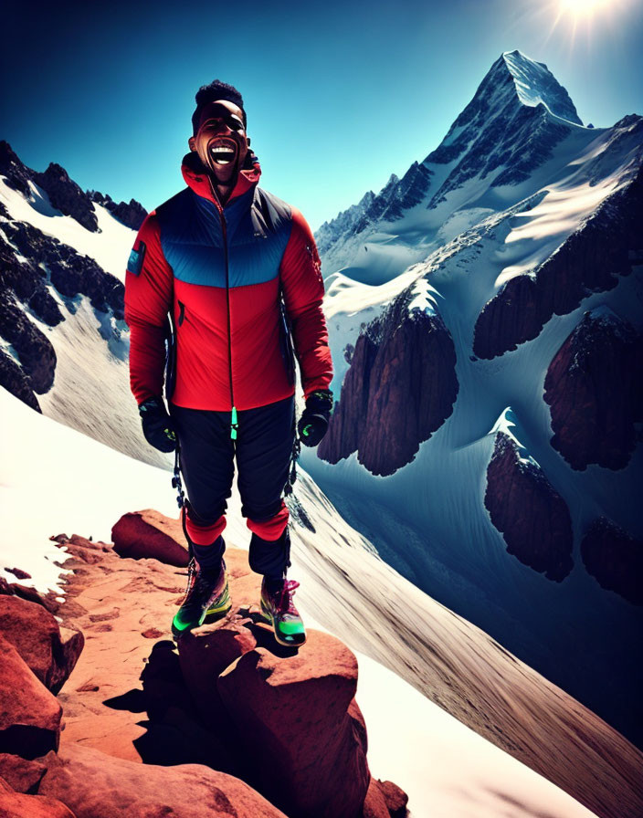 Colorful Gear Climber on Mountain Ridge with Snowy Peaks