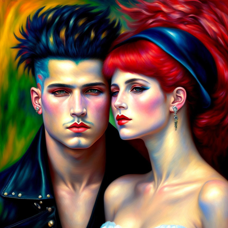 Vivid portrait of stylized couple with colorful hair