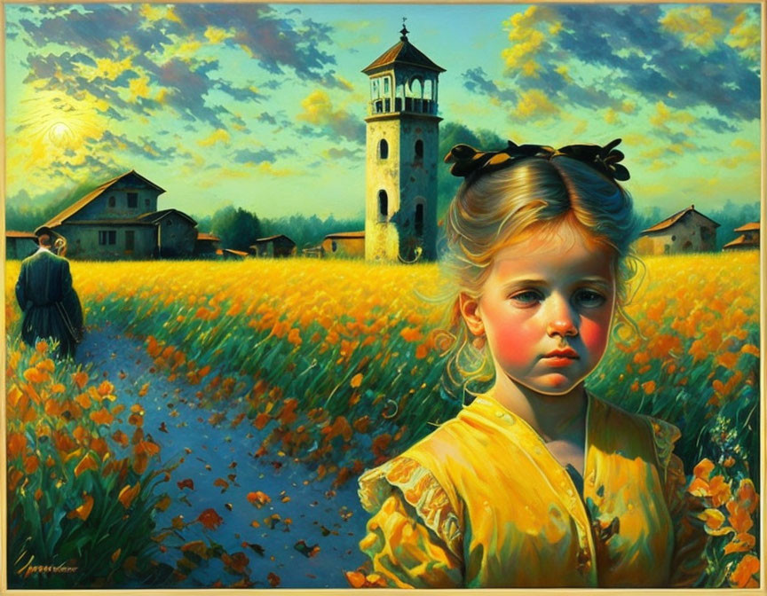 Vibrant painting of young girl in yellow dress in field of orange flowers