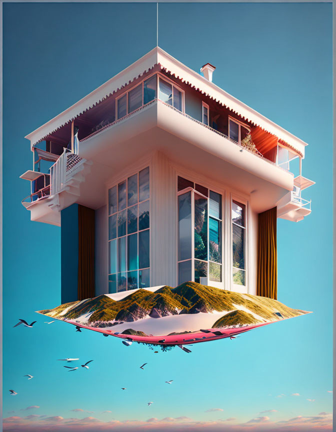 Upside-Down House Floating Above Island with Birds