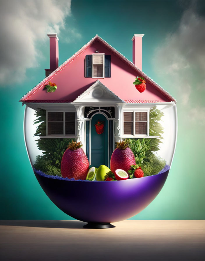 Pink House with Chimney Tops in Fruit Bowl of Strawberries, Dragon Fruit, and Greenery