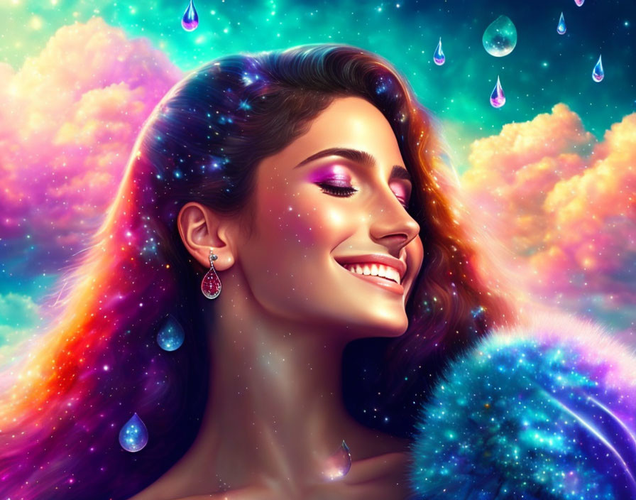 Radiant woman digital artwork with cosmic background