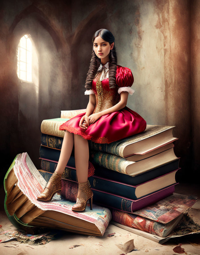 Young Woman in Red and Gold Dress on Giant Books in Vintage Room