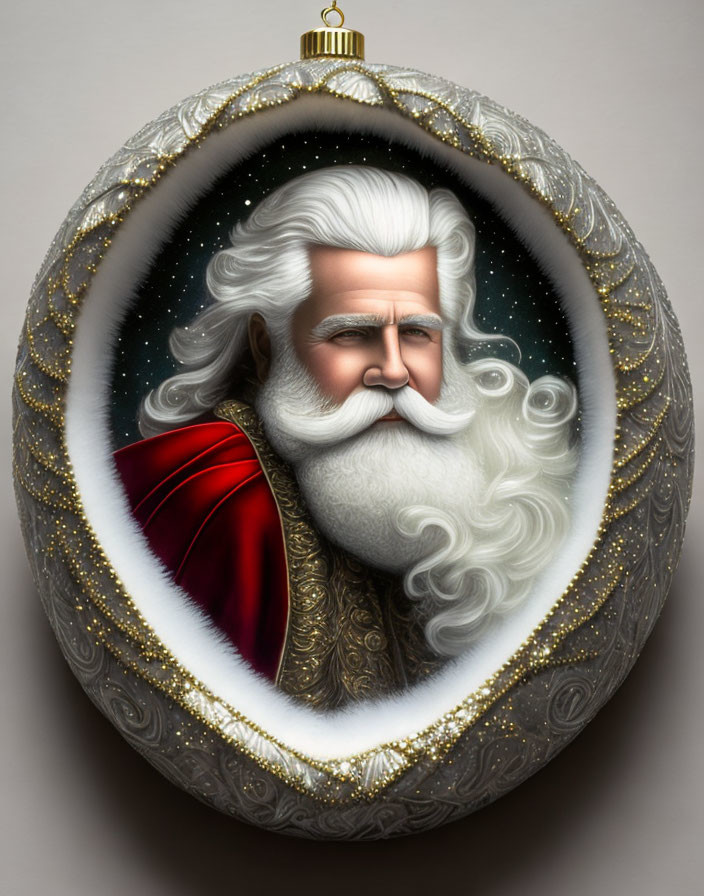 Santa Claus illustration in ornate egg-shaped ornament with starry background.