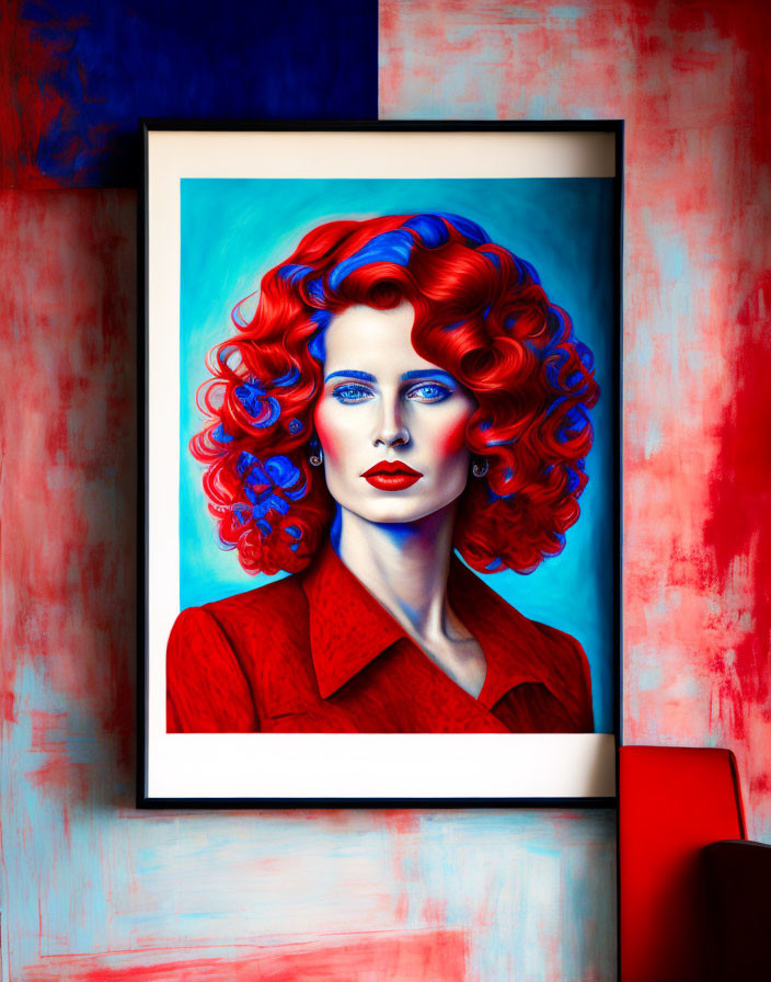 Portrait of woman with blue eyes and red hair on blue background, framed on red wall.