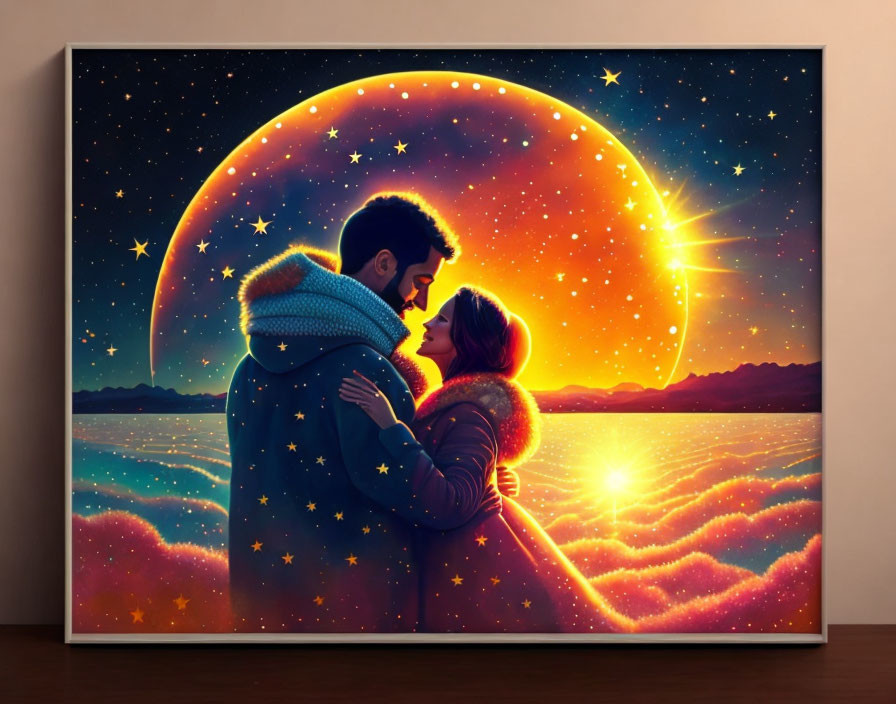 Romantic couple embracing under glowing crescent moon in surreal sky