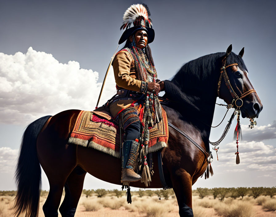 Native American person on horse in traditional attire against desert backdrop