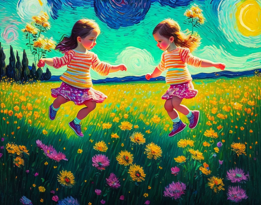 Two girls jumping in flower-filled meadow under Van Gogh-style sky