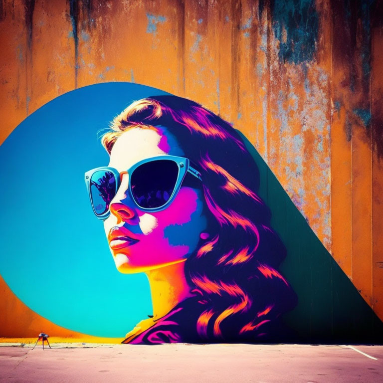 Colorful street art of woman with sunglasses on rust-colored wall