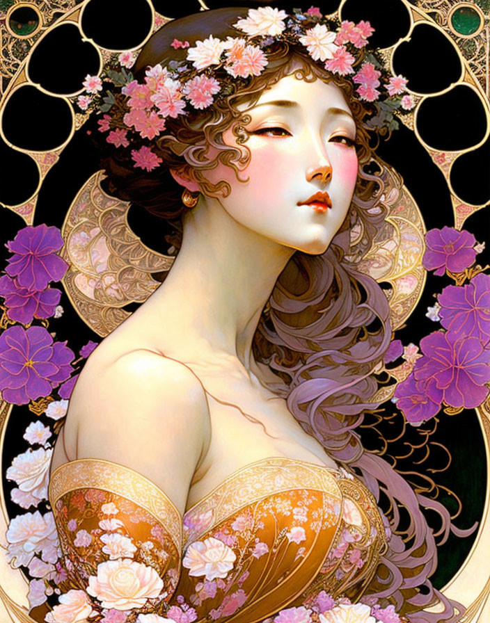 Woman with Floral Headdress in Art Nouveau Style