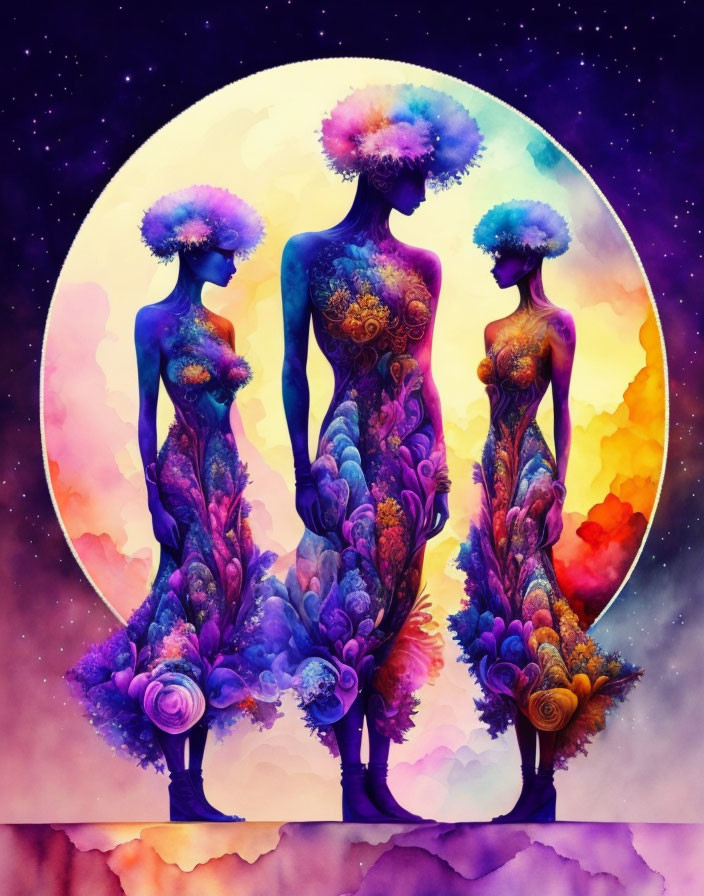 Ethereal female figures with floral bodies in cosmic scene