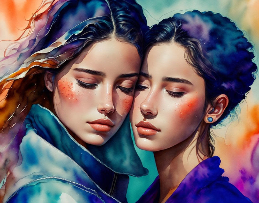 Two Women Touching Foreheads in Watercolor Style