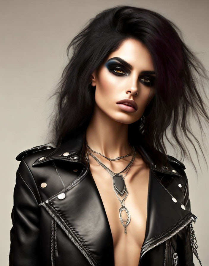 Woman with Dramatic Eye Makeup and Leather Jacket on Beige Background