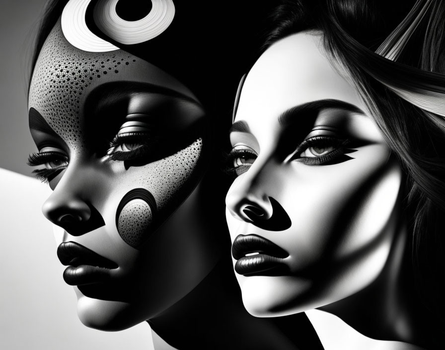 Monochrome image of two women with contrasting makeup profiles