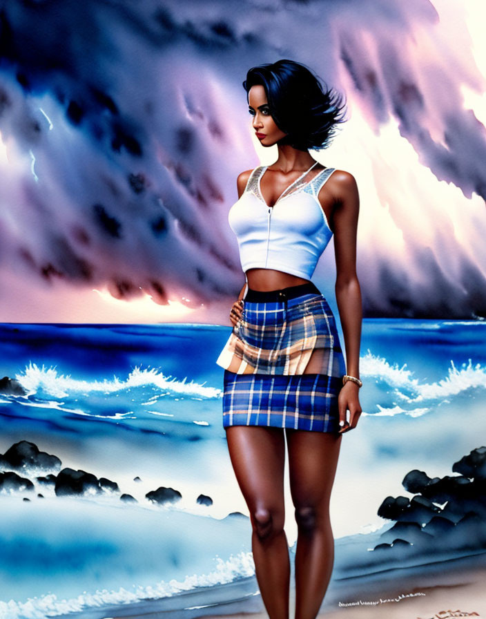 Illustration of woman in white crop top and plaid skirt on beach with dramatic sky.