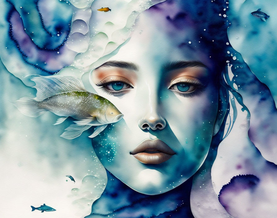 Surrealist portrait of a woman with aquatic elements