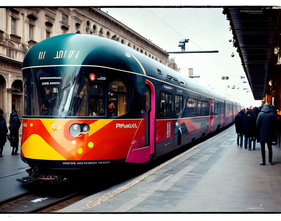 Colorful modern train at busy station platform.