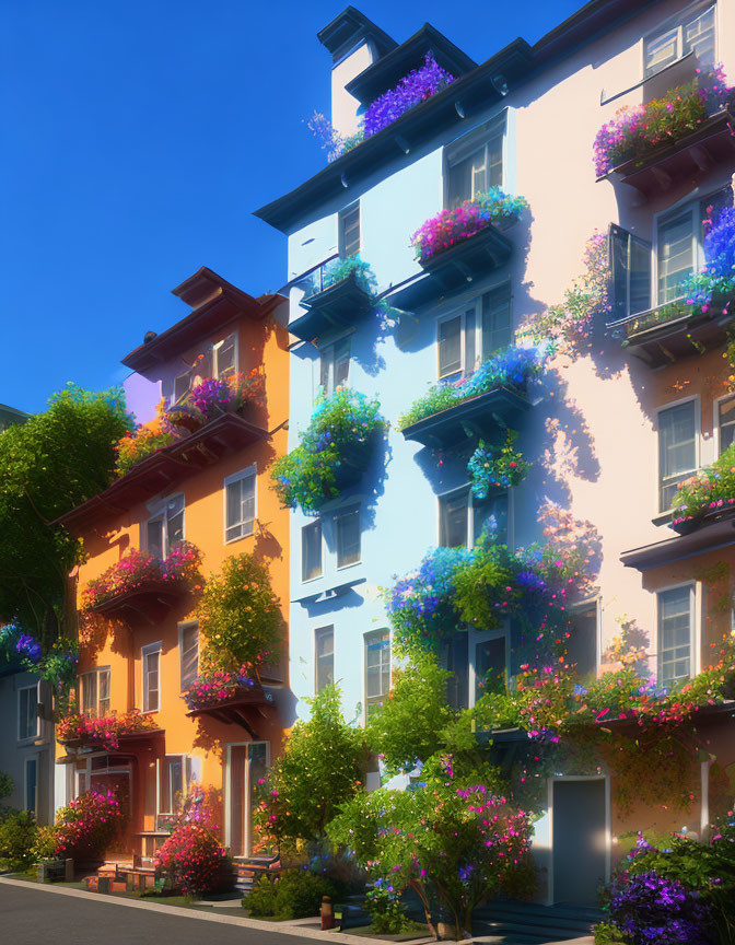 Vibrant multistory buildings with flower-adorned balconies under clear blue sky