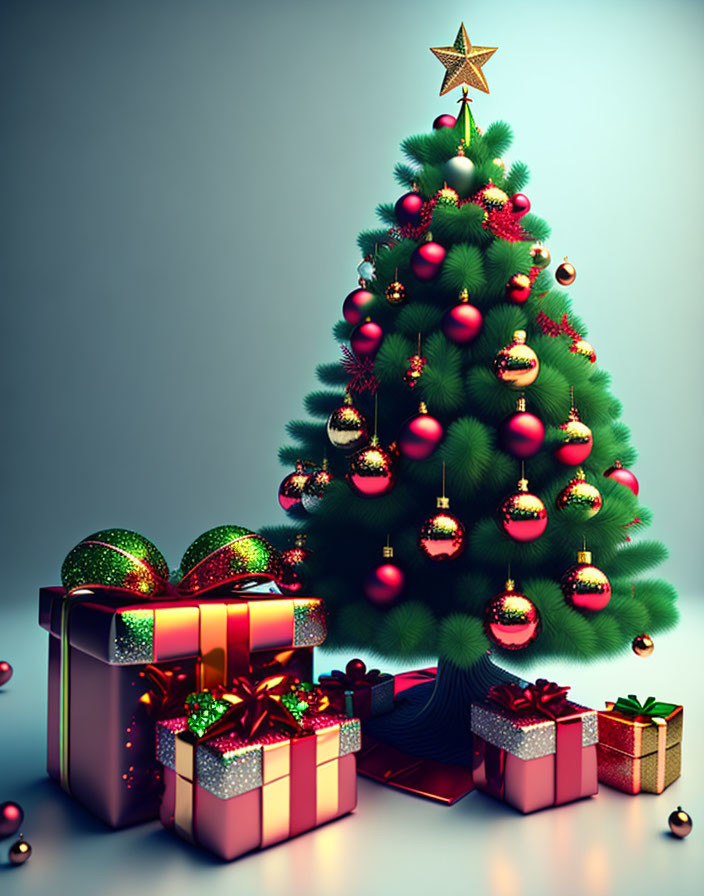 Festive Christmas tree with golden star, gifts, blue background