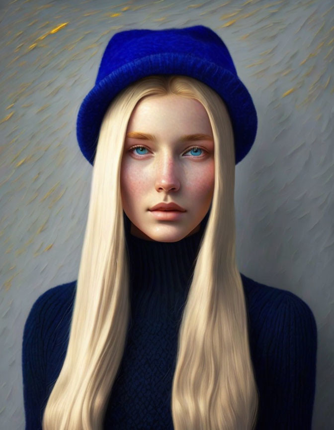 Blonde Woman Portrait in Blue Hat and Sweater