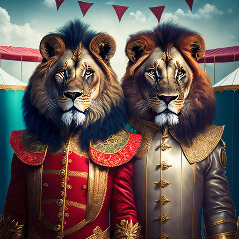 Illustration of two lions in circus ringmaster attire before a tent